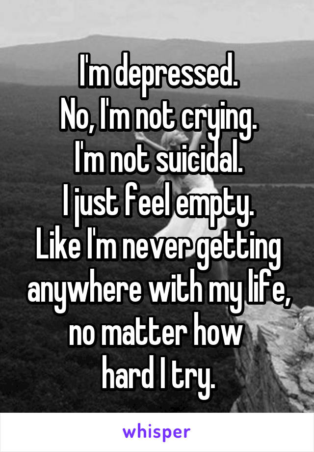I'm depressed.
No, I'm not crying.
I'm not suicidal.
I just feel empty.
Like I'm never getting anywhere with my life, no matter how 
hard I try.