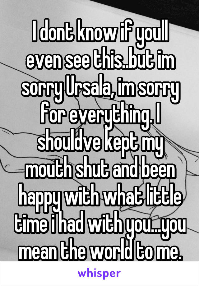 I dont know if youll even see this..but im sorry Ursala, im sorry for everything. I shouldve kept my mouth shut and been happy with what little time i had with you...you mean the world to me.