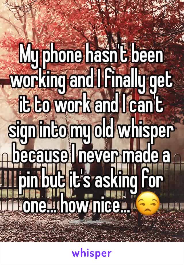 My phone hasn't been working and I finally get it to work and I can't sign into my old whisper because I never made a pin but it's asking for one... how nice... 😒