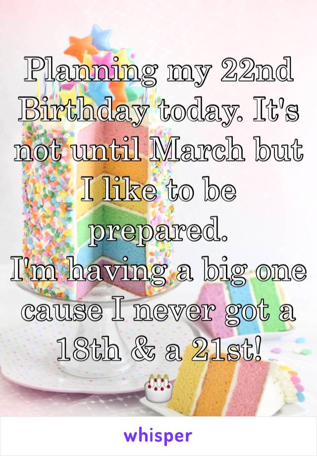 Planning my 22nd Birthday today. It's not until March but I like to be prepared. 
I'm having a big one cause I never got a 18th & a 21st! 
🎂
