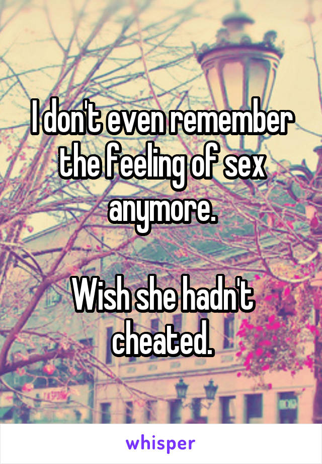I don't even remember the feeling of sex anymore.

Wish she hadn't cheated.