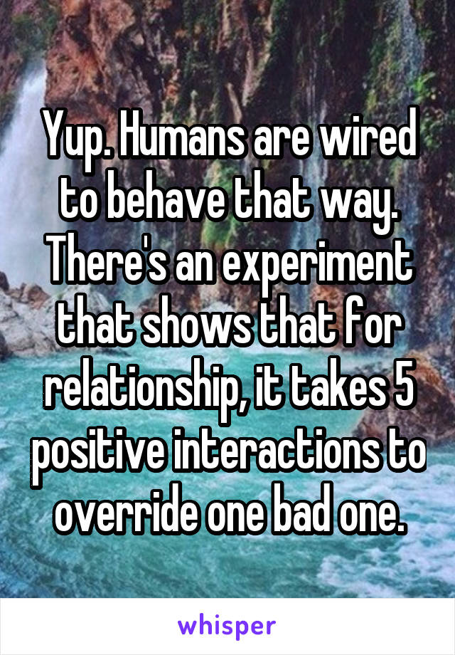 Yup. Humans are wired to behave that way. There's an experiment that shows that for relationship, it takes 5 positive interactions to override one bad one.