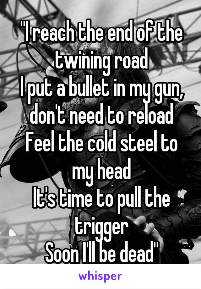 "I reach the end of the twining road
I put a bullet in my gun, don't need to reload
Feel the cold steel to my head
It's time to pull the trigger
Soon I'll be dead"