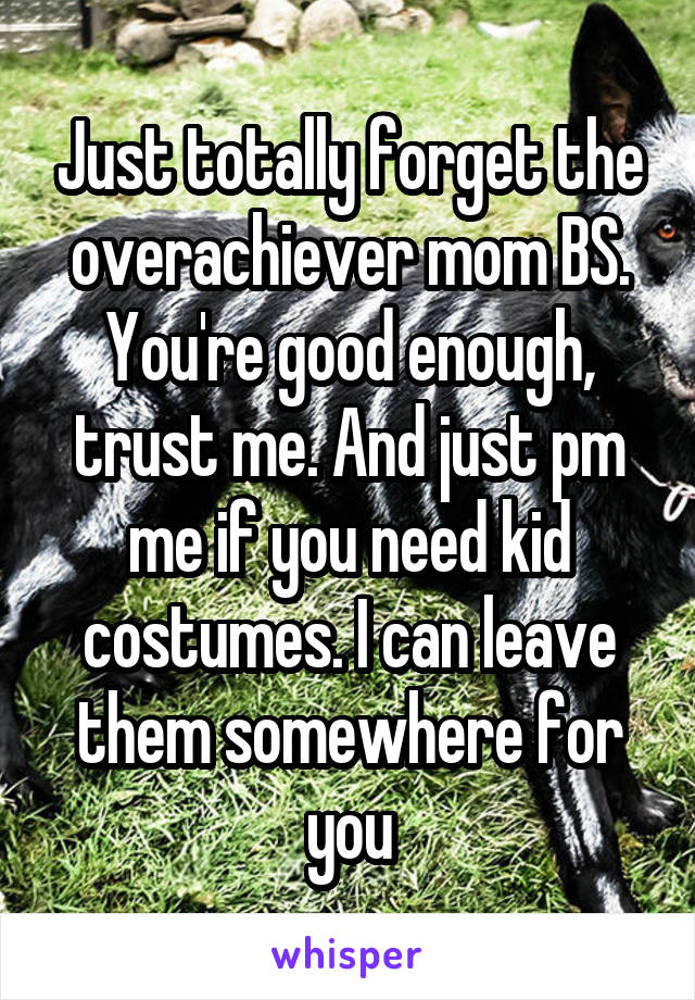 Just totally forget the overachiever mom BS. You're good enough, trust me. And just pm me if you need kid costumes. I can leave them somewhere for you