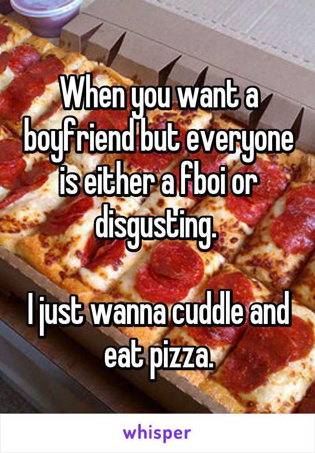 When you want a boyfriend but everyone is either a fboi or disgusting. 

I just wanna cuddle and eat pizza.