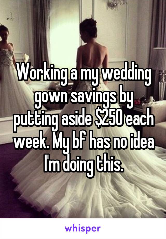 Working a my wedding gown savings by putting aside $250 each week. My bf has no idea I'm doing this.