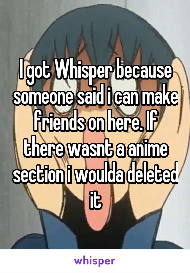 I got Whisper because someone said i can make friends on here. If there wasnt a anime section i woulda deleted it