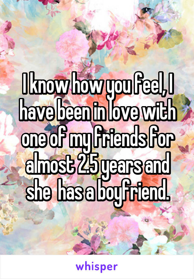 I know how you feel, I have been in love with one of my friends for almost 2.5 years and she  has a boyfriend.