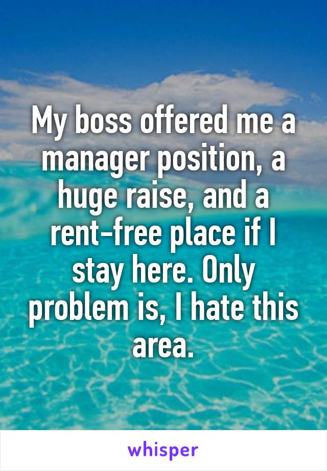 My boss offered me a manager position, a huge raise, and a rent-free place if I stay here. Only problem is, I hate this area.