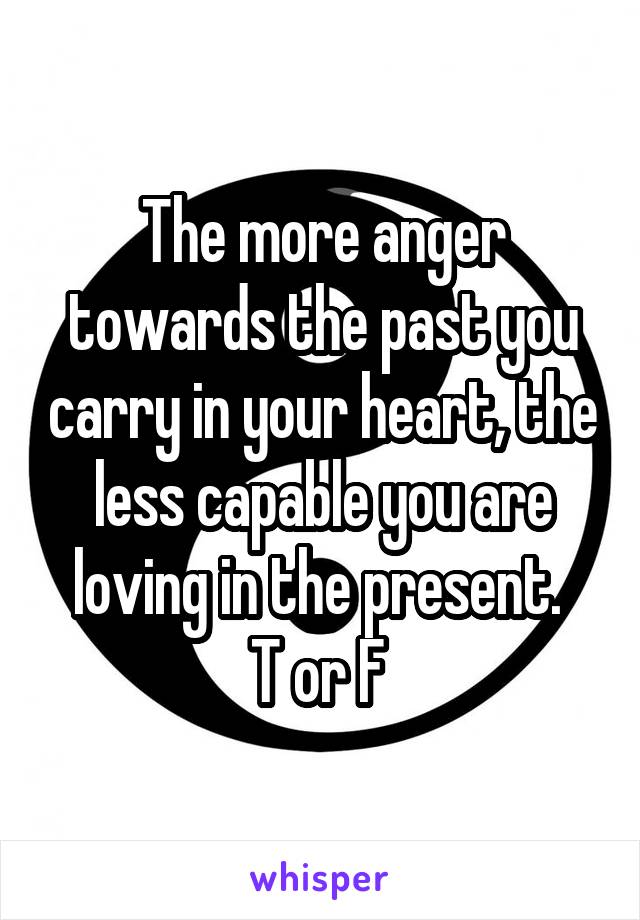 The more anger towards the past you carry in your heart, the less capable you are loving in the present. 
T or F 