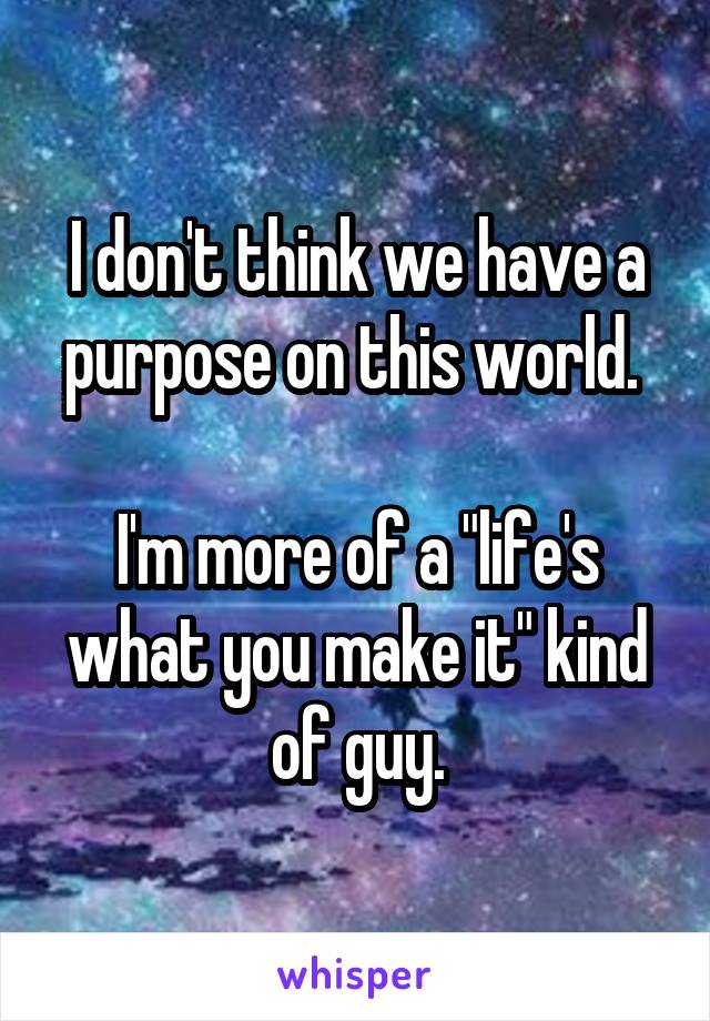 I don't think we have a purpose on this world. 

I'm more of a "life's what you make it" kind of guy.