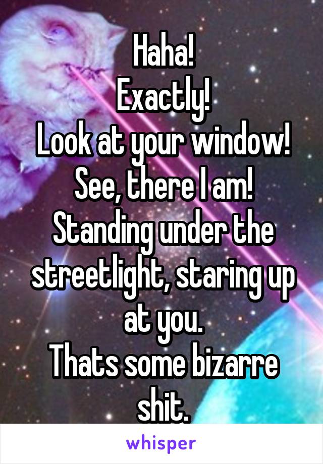 Haha!
Exactly!
Look at your window!
See, there I am!
Standing under the streetlight, staring up at you.
Thats some bizarre shit.