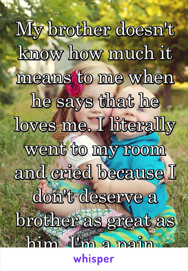 My brother doesn't know how much it means to me when he says that he loves me. I literally went to my room and cried because I don't deserve a brother as great as him. I'm a pain. 