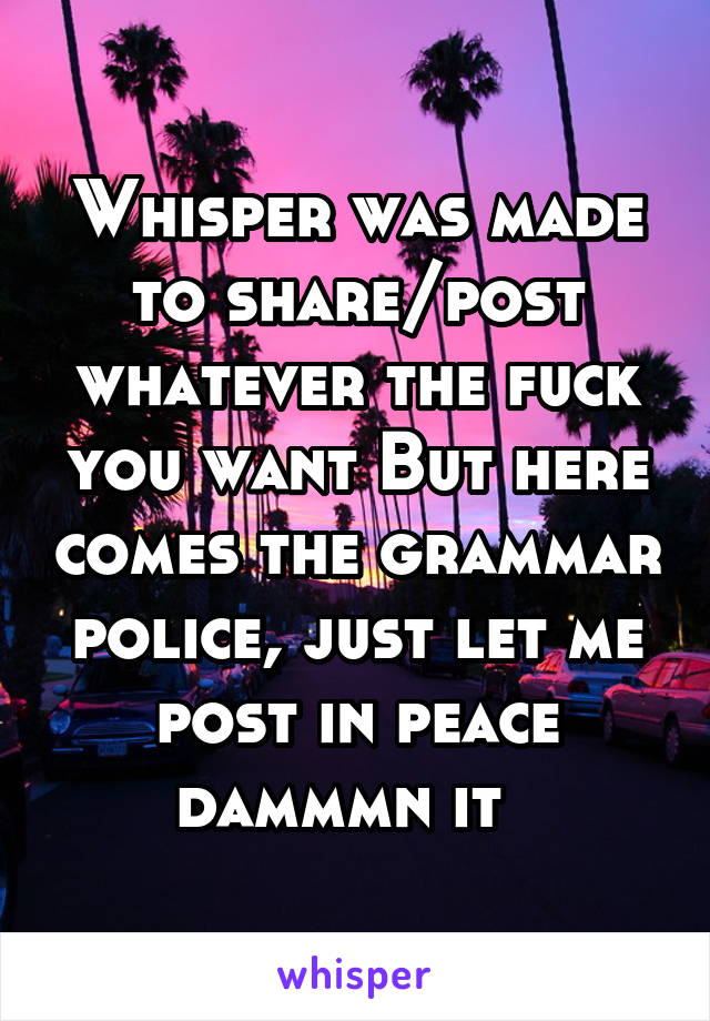 Whisper was made to share/post whatever the fuck you want But here comes the grammar police, just let me post in peace dammmn it  