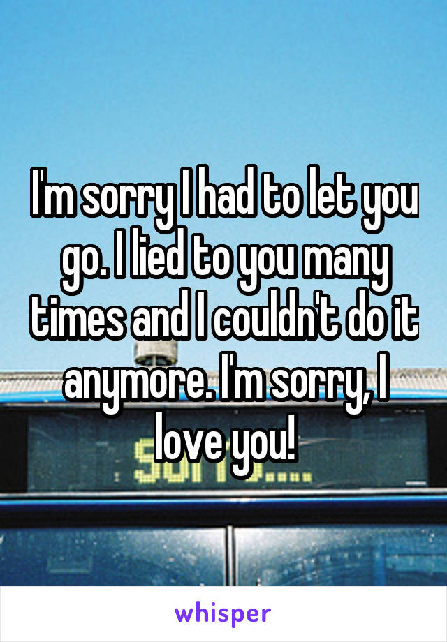 I'm sorry I had to let you go. I lied to you many times and I couldn't do it anymore. I'm sorry, I love you!