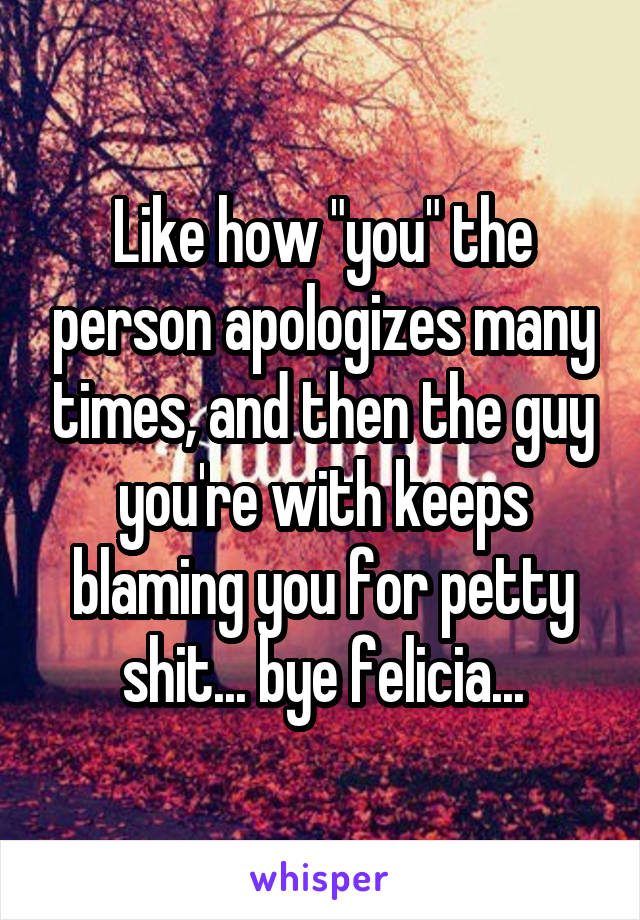 Like how "you" the person apologizes many times, and then the guy you're with keeps blaming you for petty shit... bye felicia...