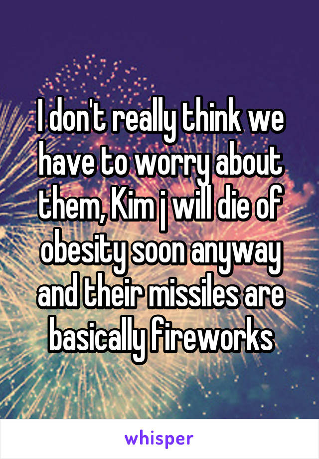 I don't really think we have to worry about them, Kim j will die of obesity soon anyway and their missiles are basically fireworks