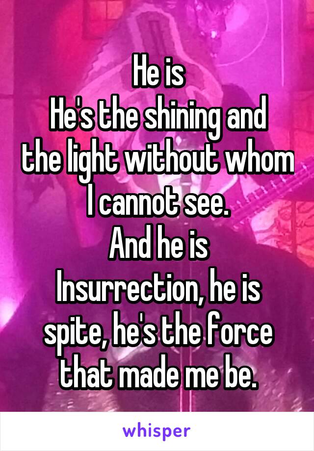 He is
He's the shining and the light without whom I cannot see.
And he is
Insurrection, he is spite, he's the force that made me be.