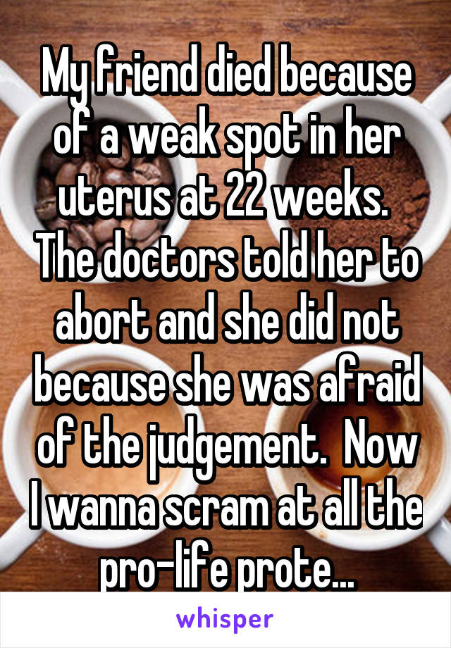 My friend died because of a weak spot in her uterus at 22 weeks.  The doctors told her to abort and she did not because she was afraid of the judgement.  Now I wanna scram at all the pro-life prote...