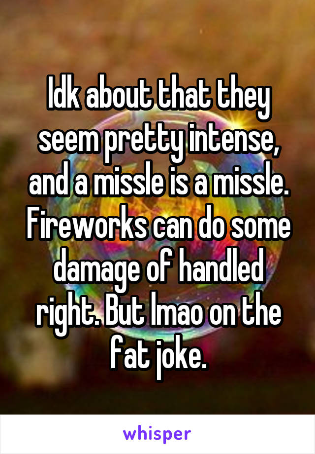 Idk about that they seem pretty intense, and a missle is a missle. Fireworks can do some damage of handled right. But lmao on the fat joke.