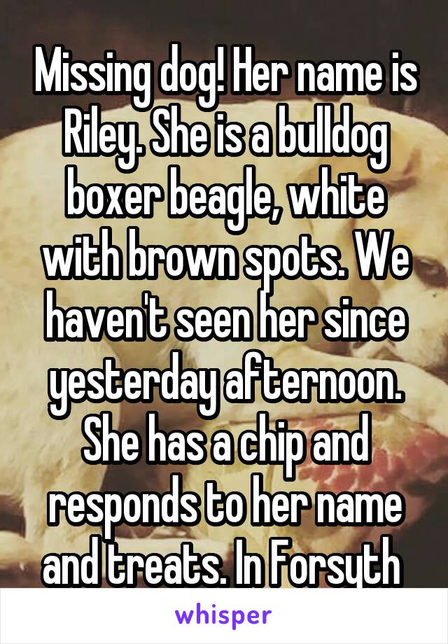 Missing dog! Her name is Riley. She is a bulldog boxer beagle, white with brown spots. We haven't seen her since yesterday afternoon. She has a chip and responds to her name and treats. In Forsyth 