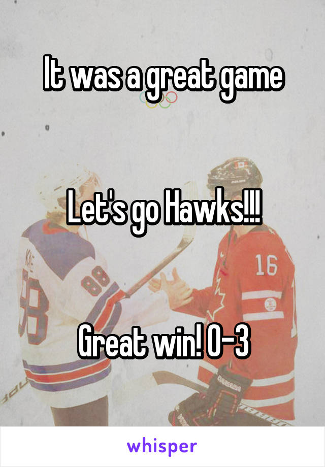 It was a great game


Let's go Hawks!!!


Great win! 0-3
