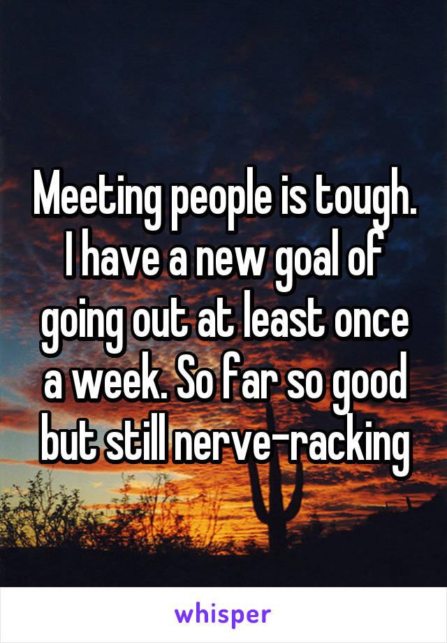 Meeting people is tough. I have a new goal of going out at least once a week. So far so good but still nerve-racking