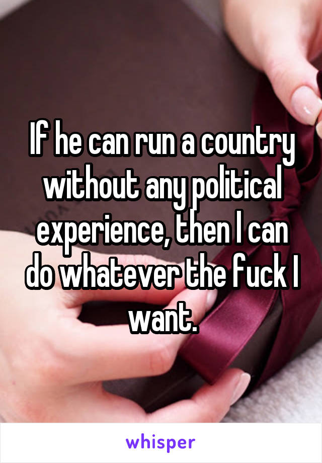 If he can run a country without any political experience, then I can do whatever the fuck I want.