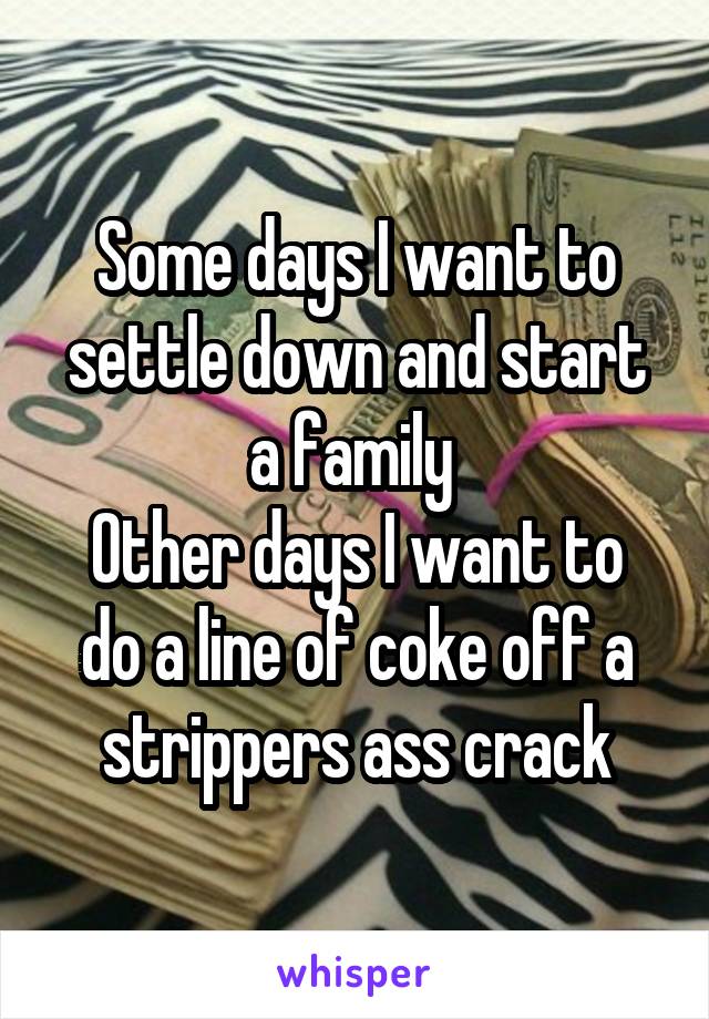 Some days I want to settle down and start a family 
Other days I want to do a line of coke off a strippers ass crack
