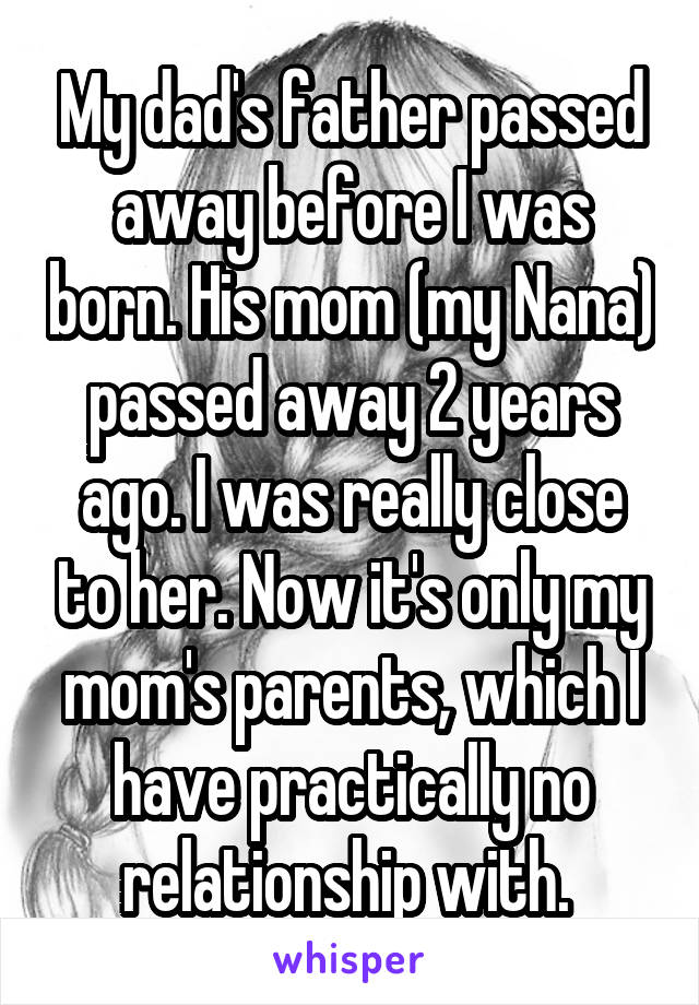 My dad's father passed away before I was born. His mom (my Nana) passed away 2 years ago. I was really close to her. Now it's only my mom's parents, which I have practically no relationship with. 