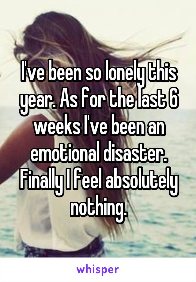 I've been so lonely this year. As for the last 6 weeks I've been an emotional disaster. Finally I feel absolutely nothing.