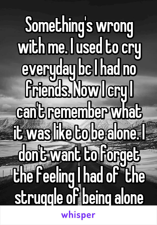 Something's wrong with me. I used to cry everyday bc I had no friends. Now I cry I can't remember what it was like to be alone. I don't want to forget the feeling I had of  the struggle of being alone