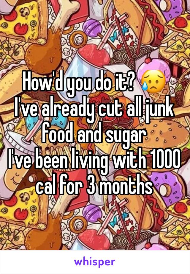 How'd you do it? 😥
I've already cut all junk food and sugar
I've been living with 1000 cal for 3 months 