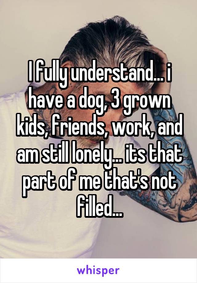 I fully understand... i have a dog, 3 grown kids, friends, work, and am still lonely... its that part of me that's not filled...