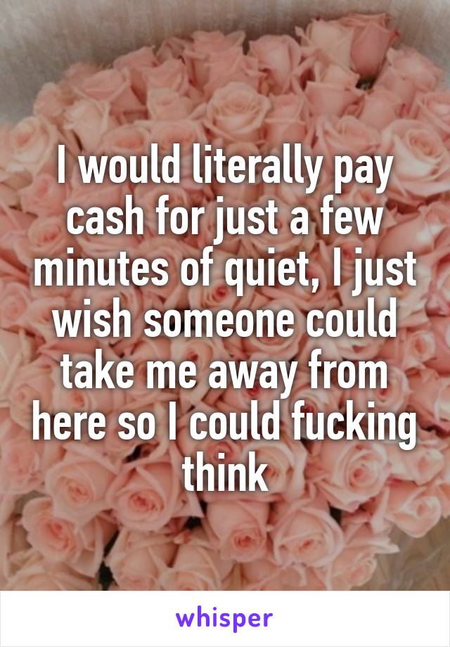 I would literally pay cash for just a few minutes of quiet, I just wish someone could take me away from here so I could fucking think