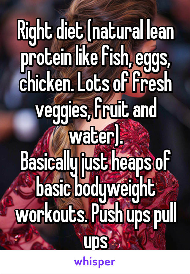 Right diet (natural lean protein like fish, eggs, chicken. Lots of fresh veggies, fruit and water).
Basically just heaps of basic bodyweight workouts. Push ups pull ups