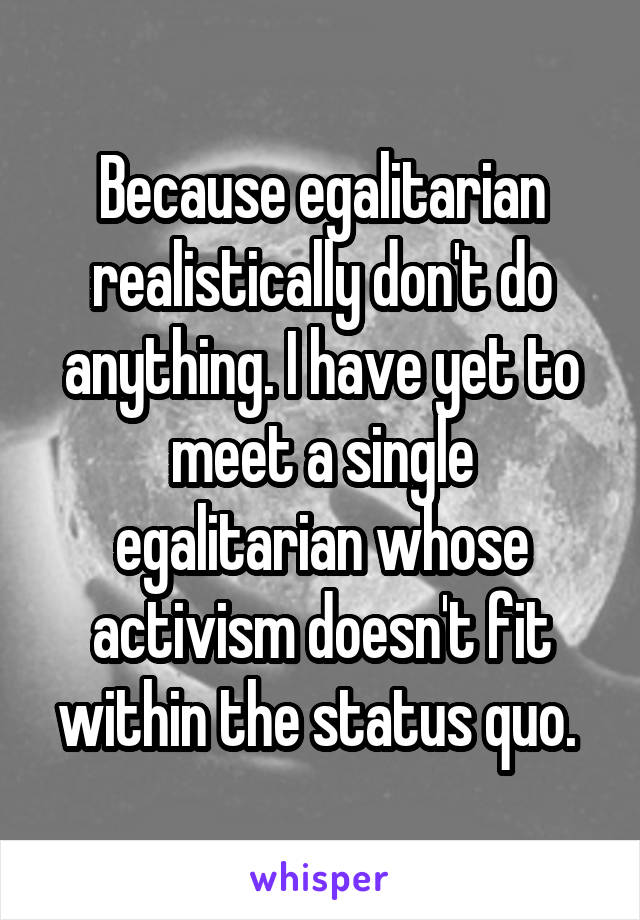 Because egalitarian realistically don't do anything. I have yet to meet a single egalitarian whose activism doesn't fit within the status quo. 