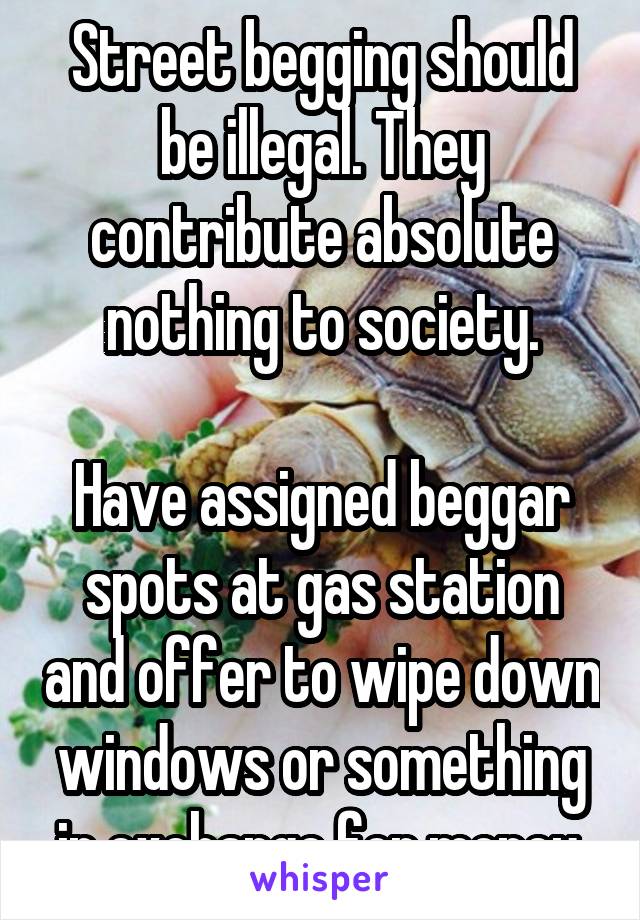 Street begging should be illegal. They contribute absolute nothing to society.

Have assigned beggar spots at gas station and offer to wipe down windows or something in exchange for money.