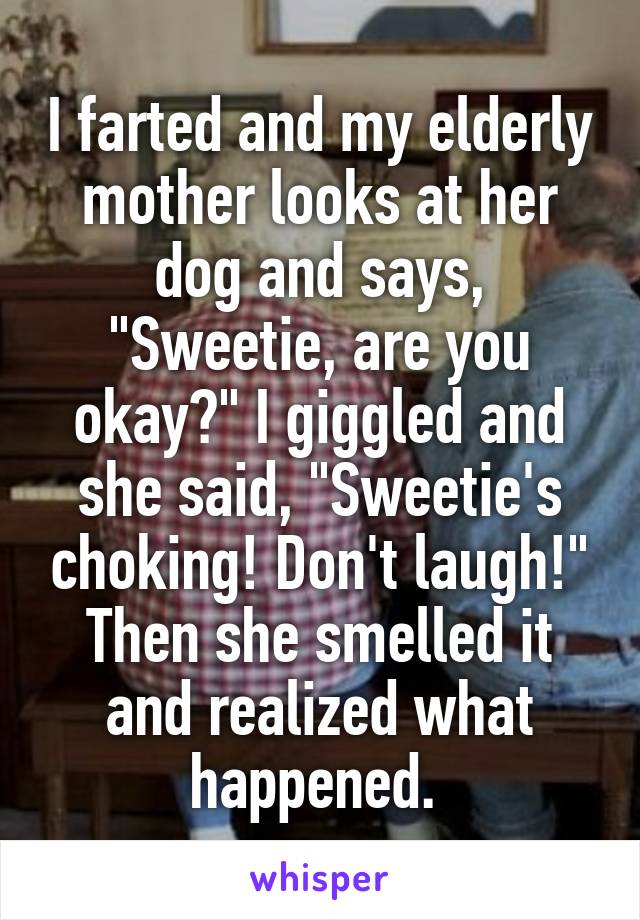 I farted and my elderly mother looks at her dog and says, "Sweetie, are you okay?" I giggled and she said, "Sweetie's choking! Don't laugh!"
Then she smelled it and realized what happened. 