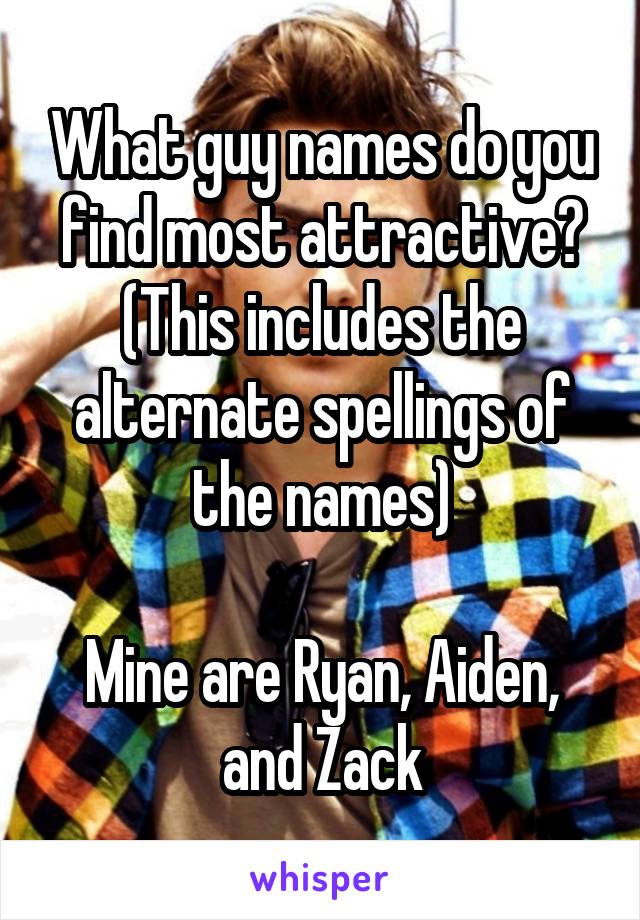 What guy names do you find most attractive?
(This includes the alternate spellings of the names)

Mine are Ryan, Aiden, and Zack