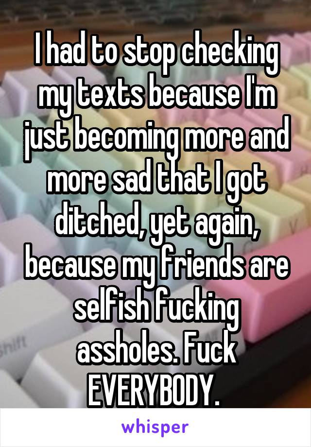 I had to stop checking my texts because I'm just becoming more and more sad that I got ditched, yet again, because my friends are selfish fucking assholes. Fuck EVERYBODY. 