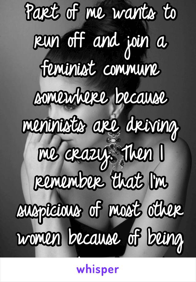 Part of me wants to run off and join a feminist commune somewhere because meninists are driving me crazy. Then I remember that I'm suspicious of most other women because of being bullied.
