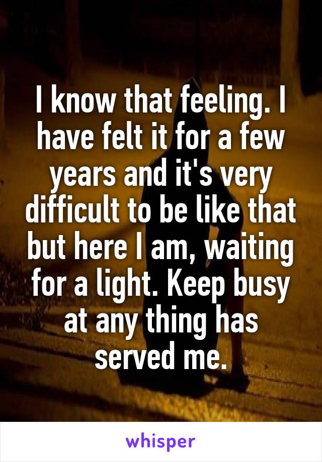 I know that feeling. I have felt it for a few years and it's very difficult to be like that but here I am, waiting for a light. Keep busy at any thing has served me.