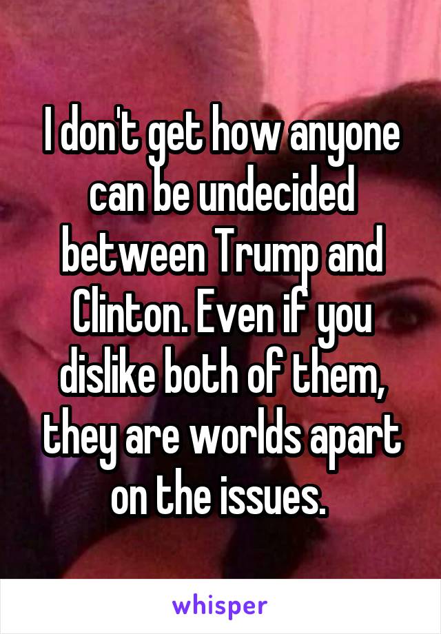 I don't get how anyone can be undecided between Trump and Clinton. Even if you dislike both of them, they are worlds apart on the issues. 