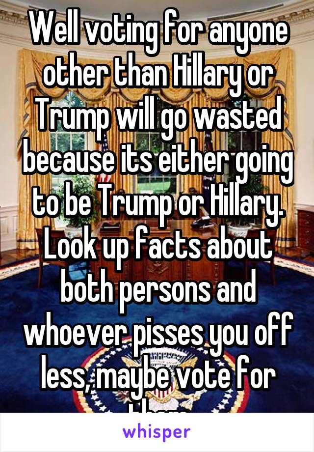 Well voting for anyone other than Hillary or Trump will go wasted because its either going to be Trump or Hillary. Look up facts about both persons and whoever pisses you off less, maybe vote for them