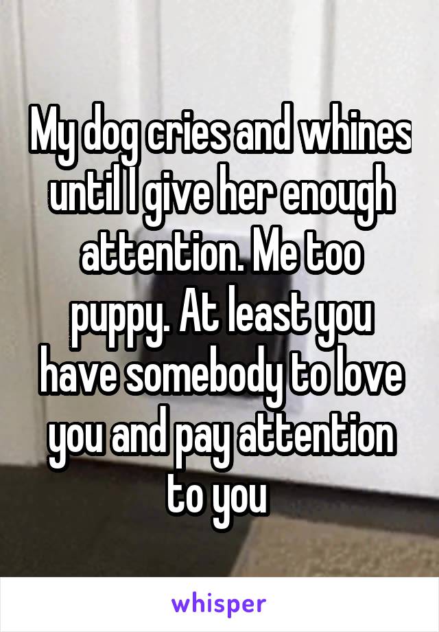 My dog cries and whines until I give her enough attention. Me too puppy. At least you have somebody to love you and pay attention to you 