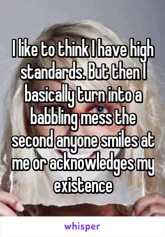 I like to think I have high standards. But then I basically turn into a babbling mess the second anyone smiles at me or acknowledges my existence