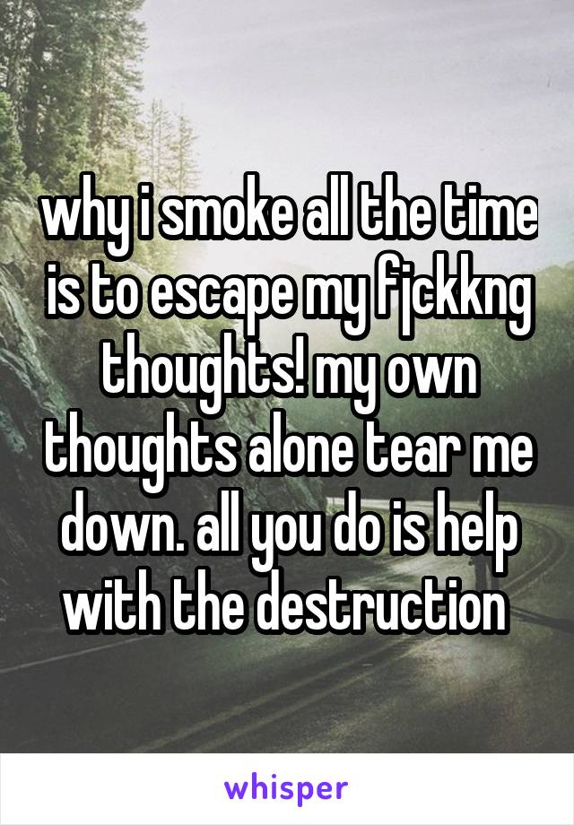 why i smoke all the time is to escape my fjckkng thoughts! my own thoughts alone tear me down. all you do is help with the destruction 