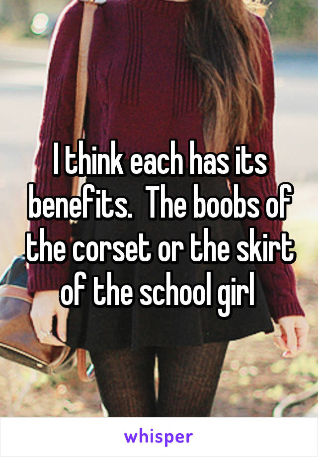 I think each has its benefits.  The boobs of the corset or the skirt of the school girl 