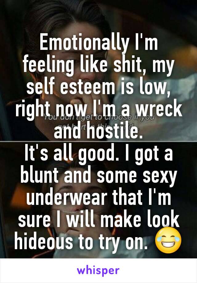 Emotionally I'm feeling like shit, my self esteem is low, right now I'm a wreck and hostile.
It's all good. I got a blunt and some sexy underwear that I'm sure I will make look hideous to try on. 😂